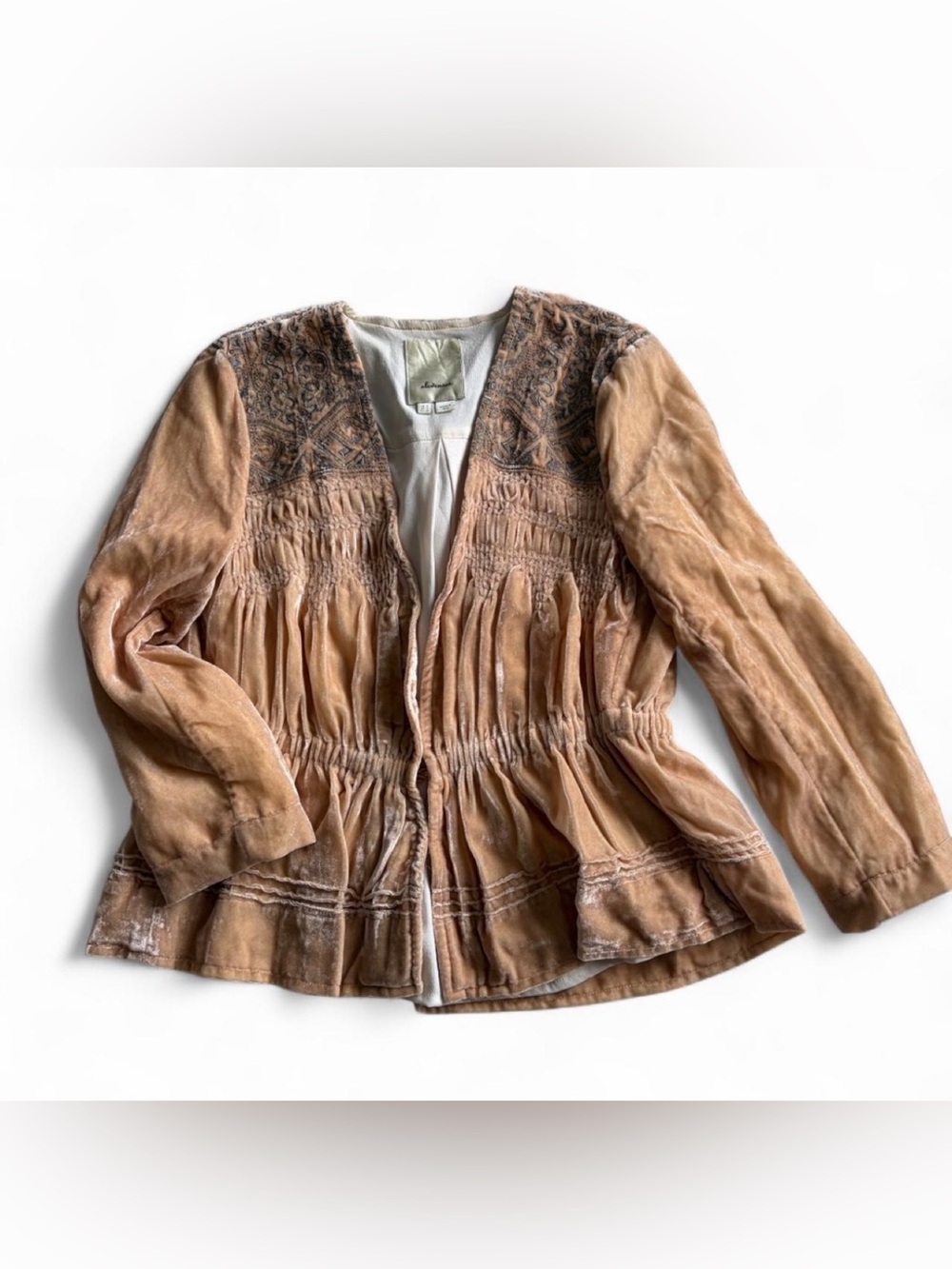 Elevenses by Anthropologie Blush Pink Velvet Boho Open-Front Blazer Jacket
